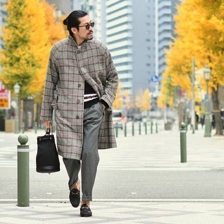 Dark Green Sunglasses Outfits For Men: The pairing of a grey plaid overcoat and dark green sunglasses makes for a killer off-duty look. Go ahead and introduce black leather loafers to this look for a dash of polish.