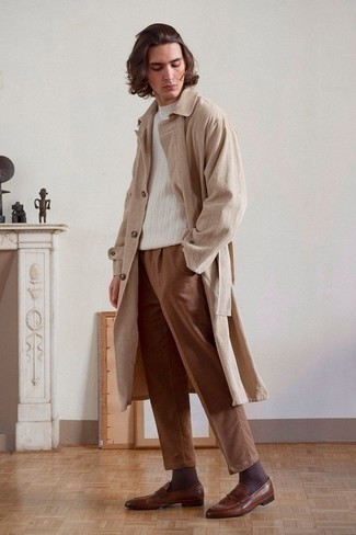 Men's Camel Overcoat, White Crew-neck Sweater, Brown Chinos, Brown Leather Loafers
