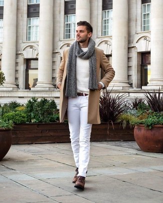 White Crew-neck Sweater Cold Weather Outfits For Men: This pairing of a white crew-neck sweater and white chinos is clean, on-trend and extremely easy to recreate. Brown leather desert boots tie the getup together.