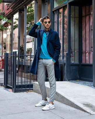 Navy and White Bandana Outfits For Men: Such items as a navy overcoat and a navy and white bandana are the perfect way to introduce effortless cool into your casual collection. All you need is a great pair of white leather low top sneakers to finish this ensemble.