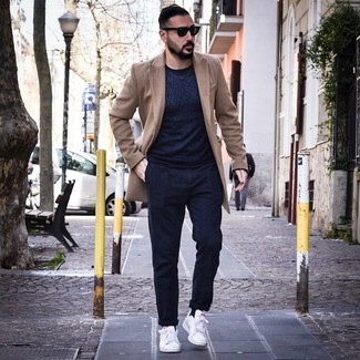 Men's Camel Overcoat, Navy Crew-neck Sweater, Navy Chinos, White Leather Low Top Sneakers