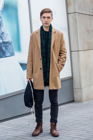 Navy Plaid Scarf Outfits For Men: If you feel more confident wearing something comfortable, you'll appreciate this urban combo of a camel overcoat and a navy plaid scarf. Balance out your outfit with a dressier kind of footwear, such as these brown leather casual boots.