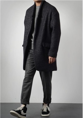 Men's Black Overcoat, Grey Crew-neck Sweater, Charcoal Chinos, Black and White Suede High Top Sneakers