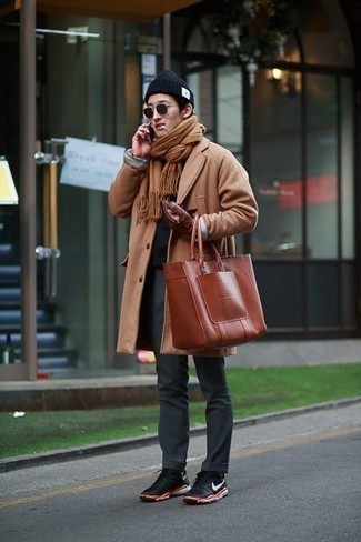 Men's Camel Overcoat, Black Crew-neck Sweater, Charcoal Chinos, Black and White Athletic Shoes