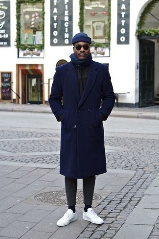 Men's Navy Overcoat, Black Crew-neck Sweater, Charcoal Chinos, White Canvas Low Top Sneakers