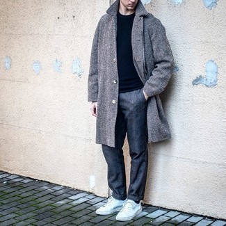 Charcoal Herringbone Overcoat Outfits: A charcoal herringbone overcoat and grey plaid chinos will add extra style to your daily repertoire. As for the shoes, take a more casual route with white canvas low top sneakers.
