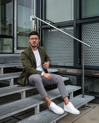 Men's Olive Overcoat, White Crew-neck Sweater, Grey Chinos, White Canvas Low Top Sneakers