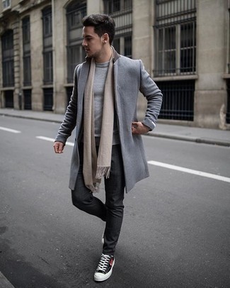 Beige Scarf Outfits For Men: To assemble an off-duty look with a twist, you can go for a grey overcoat and a beige scarf. When in doubt as to the footwear, introduce black print canvas low top sneakers to the equation.