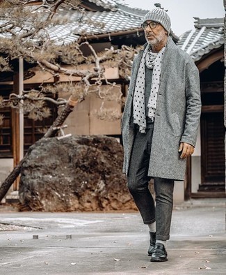 Charcoal Polka Dot Scarf Outfits For Men: A grey overcoat and a charcoal polka dot scarf are indispensable menswear items, without which our wardrobes would certainly feel incomplete. You could stick to the classic route on the shoe front by sporting black fringe leather loafers.
