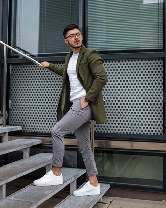 Men's Olive Overcoat, White Crew-neck Sweater, Grey Chinos, White Leather Low Top Sneakers