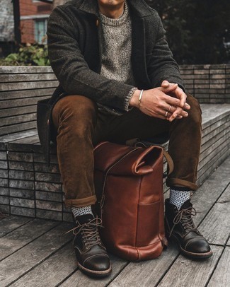 Men's Charcoal Overcoat, Grey Crew-neck Sweater, Brown Chinos, Dark Brown Leather Casual Boots