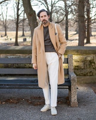 Men's Camel Overcoat, Dark Brown Crew-neck Sweater, White Chinos, White Canvas Low Top Sneakers