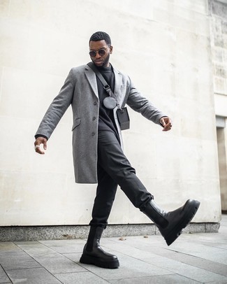 Men's Grey Overcoat, Charcoal Crew-neck Sweater, Black Chinos, Black Leather Chelsea Boots