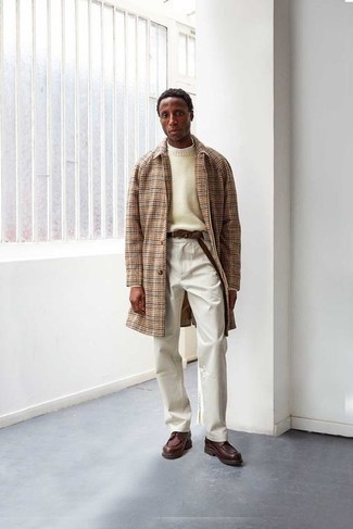 Tan Crew-neck Sweater Outfits For Men: For a casually stylish getup, consider pairing a tan crew-neck sweater with white chinos — these items play really well together. A pair of dark brown leather casual boots easily revs up the style factor of this getup.