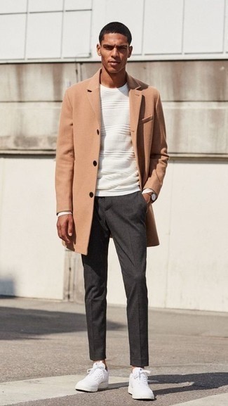 Men's Camel Overcoat, White Horizontal Striped Crew-neck Sweater, Charcoal Chinos, White Canvas Low Top Sneakers