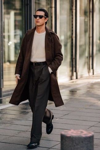 Black Sunglasses Cold Weather Outfits For Men: For something on the casual end, test drive this pairing of a dark brown overcoat and black sunglasses. To bring a bit of zing to this ensemble, complete your outfit with black leather chelsea boots.