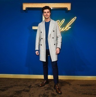 Grey Herringbone Overcoat Outfits: This pairing of a grey herringbone overcoat and navy chinos is a winning option when you need to look effortlessly smart in a flash. And if you need to immediately up the ante of this ensemble with footwear, complement this look with a pair of dark brown leather derby shoes.