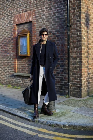 Black and White Leather Tote Bag Outfits For Men: This relaxed combo of a navy overcoat and a black and white leather tote bag can only be described as incredibly stylish. Balance your getup with a more refined kind of footwear, like this pair of dark brown leather chelsea boots.
