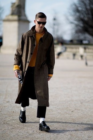 Men's Dark Brown Check Overcoat, Mustard Crew-neck Sweater, Black Chinos, Black Chunky Leather Derby Shoes