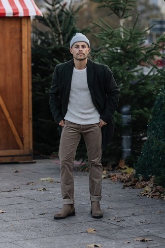 Brown Corduroy Chinos Outfits: This combination of a dark green overcoat and brown corduroy chinos comes in useful when you need to look casually smart in a flash. Rev up this whole outfit by slipping into a pair of brown leather chelsea boots.
