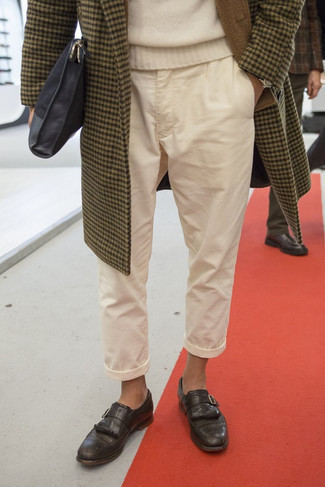 Monks Chill Weather Outfits: Display your casual style game by teaming a brown gingham overcoat and beige chinos. Get a bit experimental on the shoe front and dress up this outfit by slipping into a pair of monks.