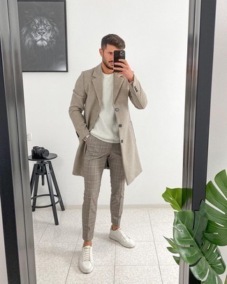 Men's Grey Overcoat, White Crew-neck Sweater, Grey Plaid Chinos, White Leather Low Top Sneakers