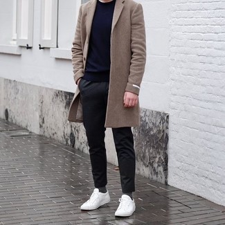 Men's Brown Overcoat, Navy Crew-neck Sweater, Charcoal Chinos, White Canvas Low Top Sneakers