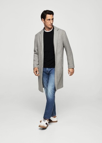 Men's Grey Overcoat, Black Crew-neck Sweater, White Crew-neck T-shirt, Blue Jeans