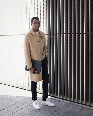 Camel Overcoat Cold Weather Outfits: For a look that's worthy of a modern style-conscious gentleman and effortlessly smart, pair a camel overcoat with black plaid chinos. Complete this outfit with a pair of white canvas low top sneakers to effortlessly turn up the cool of your ensemble.