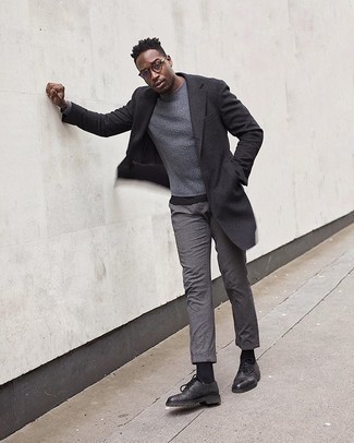 Grey Wool Chinos Outfits: A charcoal overcoat and grey wool chinos make for the perfect base for an effortlessly sophisticated getup. For footwear, you could take a more classic route with black leather derby shoes.