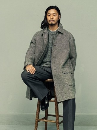 Grey Herringbone Overcoat Outfits: You'll be amazed at how easy it is to put together this refined look. Just a grey herringbone overcoat paired with charcoal dress pants. Finish this look with a pair of black leather desert boots for a modern mix.
