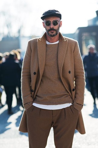 Tobacco Crew-neck Sweater Outfits For Men: A tobacco crew-neck sweater and brown wool dress pants are indispensable sartorial weapons in any modern gent's closet.