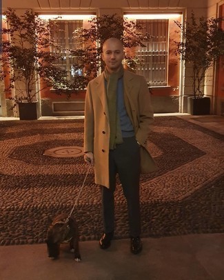 1200+ Dressy Cold Weather Outfits For Men: Try teaming a camel overcoat with olive dress pants for incredibly stylish style. If you need to effortlessly tone down this look with shoes, why not complete this outfit with dark brown leather tassel loafers?