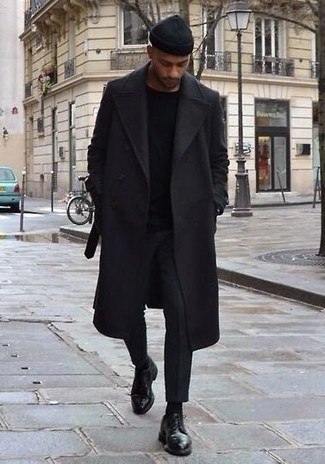 Black Crew-neck Sweater Outfits For Men: Combining a black crew-neck sweater and black dress pants is a guaranteed way to infuse your current repertoire with some rugged sophistication. Black leather derby shoes integrate nicely within a ton of outfits.
