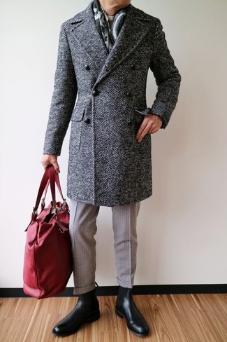 Grey Herringbone Overcoat Outfits: Putting together a grey herringbone overcoat and beige wool dress pants will allow you to showcase your expert styling. Black leather chelsea boots are an effective way to power up this ensemble.