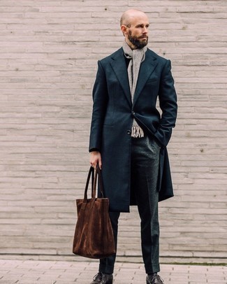 Charcoal Wool Dress Pants Outfits For Men: Teaming a navy overcoat and charcoal wool dress pants will create a confident, rugged silhouette. If not sure about the footwear, add dark brown leather oxford shoes to the mix.