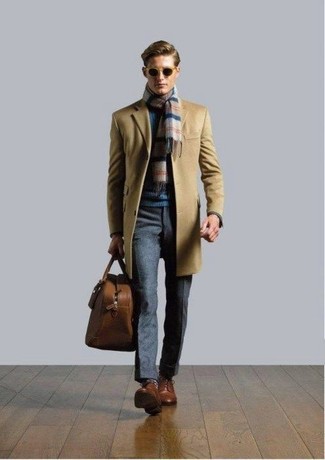 Tan Horizontal Striped Scarf Outfits For Men: If you’re a jeans-and-a-tee kind of dresser, you'll like this pared down yet casually dapper combination of a camel overcoat and a tan horizontal striped scarf. You could take the classic route on the shoe front by rocking a pair of brown leather derby shoes.