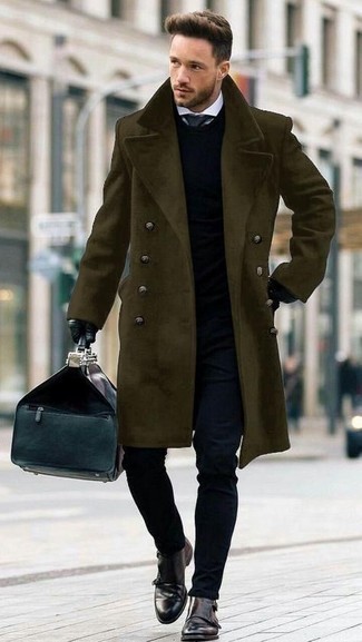 Olive Overcoat Outfits: This semi-casual combo of an olive overcoat and navy jeans is very easy to pull together in no time flat, helping you look stylish and prepared for anything without spending too much time digging through your closet. For something more on the dressier side to complete this ensemble, complete this ensemble with a pair of dark brown leather double monks.