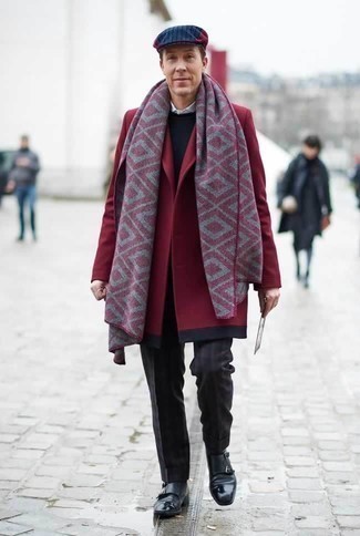 Charcoal Scarf Outfits For Men: A red overcoat and a charcoal scarf are a great ensemble to incorporate into your day-to-day off-duty collection. Complete your getup with a pair of black leather double monks to instantly switch up the ensemble.