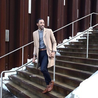 Tobacco Leather Tassel Loafers Outfits: Pairing a beige overcoat with navy chinos is an on-point pick for a casually classy ensemble. To introduce a bit of fanciness to this outfit, add tobacco leather tassel loafers to the mix.
