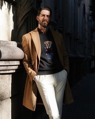 Men's Camel Overcoat, Charcoal Print Crew-neck Sweater, Burgundy Dress Shirt, White Dress Pants