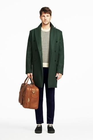 Men's Dark Green Overcoat, White and Black Horizontal Striped Crew-neck Sweater, Navy Jeans, Black Suede Derby Shoes