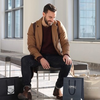 Tobacco Leather Backpack Outfits For Men: If you're searching for an off-duty but also sharp outfit, wear a camel overcoat with a tobacco leather backpack. Complement your ensemble with a pair of dark brown suede chelsea boots to completely switch up the look.