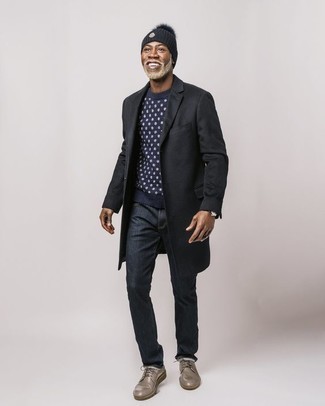 Navy Polka Dot Crew-neck Sweater Outfits For Men: This pairing of a navy polka dot crew-neck sweater and navy jeans spells comfort and versatility. Grey leather derby shoes are the simplest way to give a sense of class to this getup.