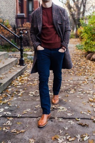 Navy Jeans Cold Weather Outfits For Men: For a fail-safe semi-casual option, you can never go wrong with this combo of a grey plaid overcoat and navy jeans. Take your look in a more sophisticated direction by rocking tobacco leather chelsea boots.