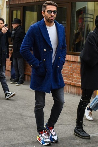 Men's Blue Overcoat, White Crew-neck Sweater, Charcoal Jeans, Multi colored Athletic Shoes