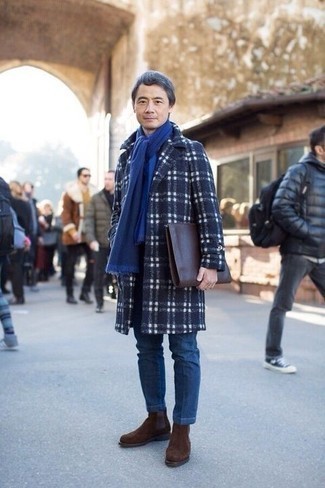 Blue Scarf Outfits For Men: A navy plaid overcoat looks so nice when teamed with a blue scarf in an off-duty getup. Go ahead and add dark brown suede chelsea boots to the equation for an added touch of style.