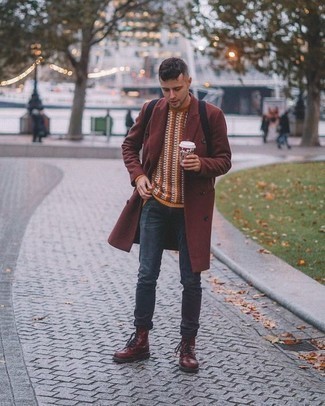 Burgundy Overcoat Outfits: For a look that's effortlessly sleek and camera-worthy, choose a burgundy overcoat and navy jeans. All you need now is a good pair of burgundy leather casual boots to round off this look.