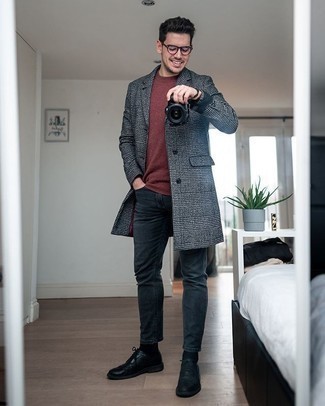 Grey Plaid Overcoat Outfits: This pairing of a grey plaid overcoat and charcoal jeans is undoubtedly a statement-maker. Get a little creative when it comes to footwear and smarten up your outfit by rounding off with black leather brogues.