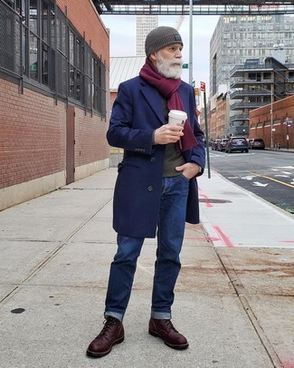 Men's Navy Overcoat, Olive Crew-neck Sweater, Navy Jeans, Burgundy Leather Casual Boots